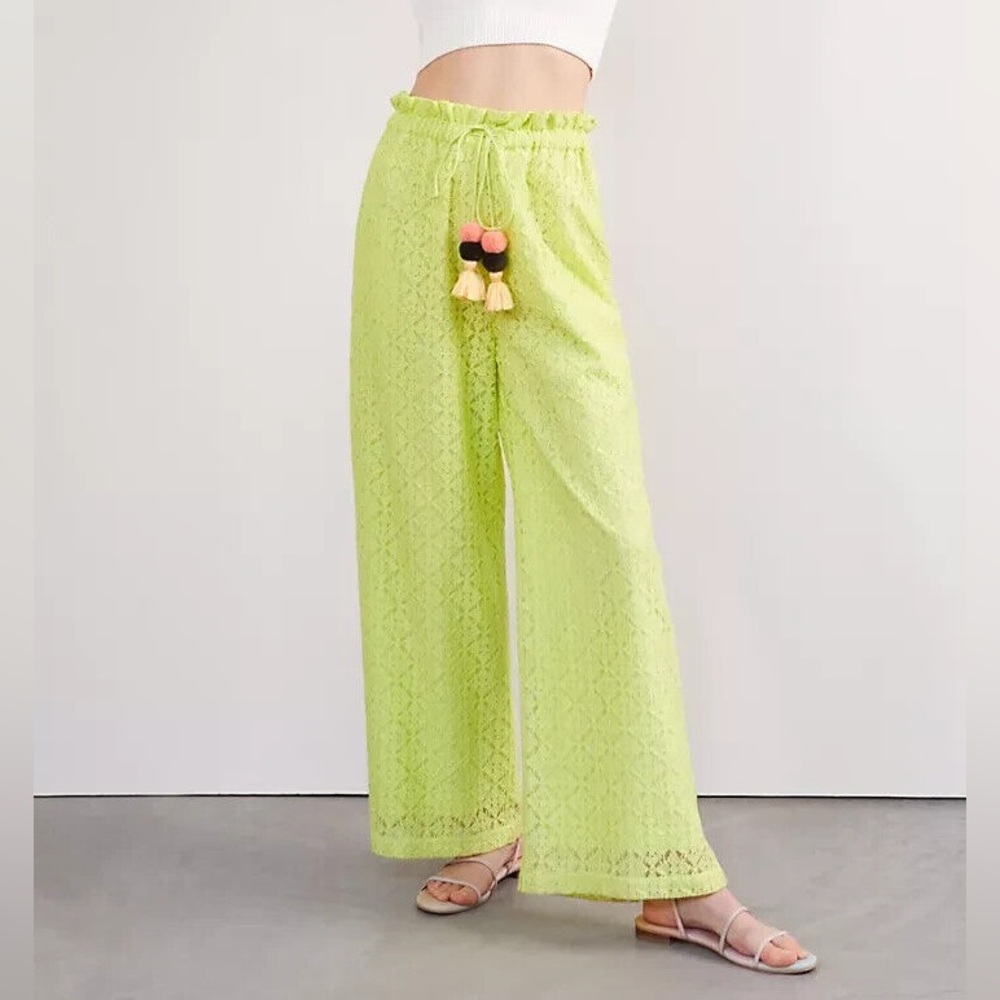 Anthropologie Ollari Lacy Wide Leg Chartreuse Pom Pom Tassel Drawstring Pants M
